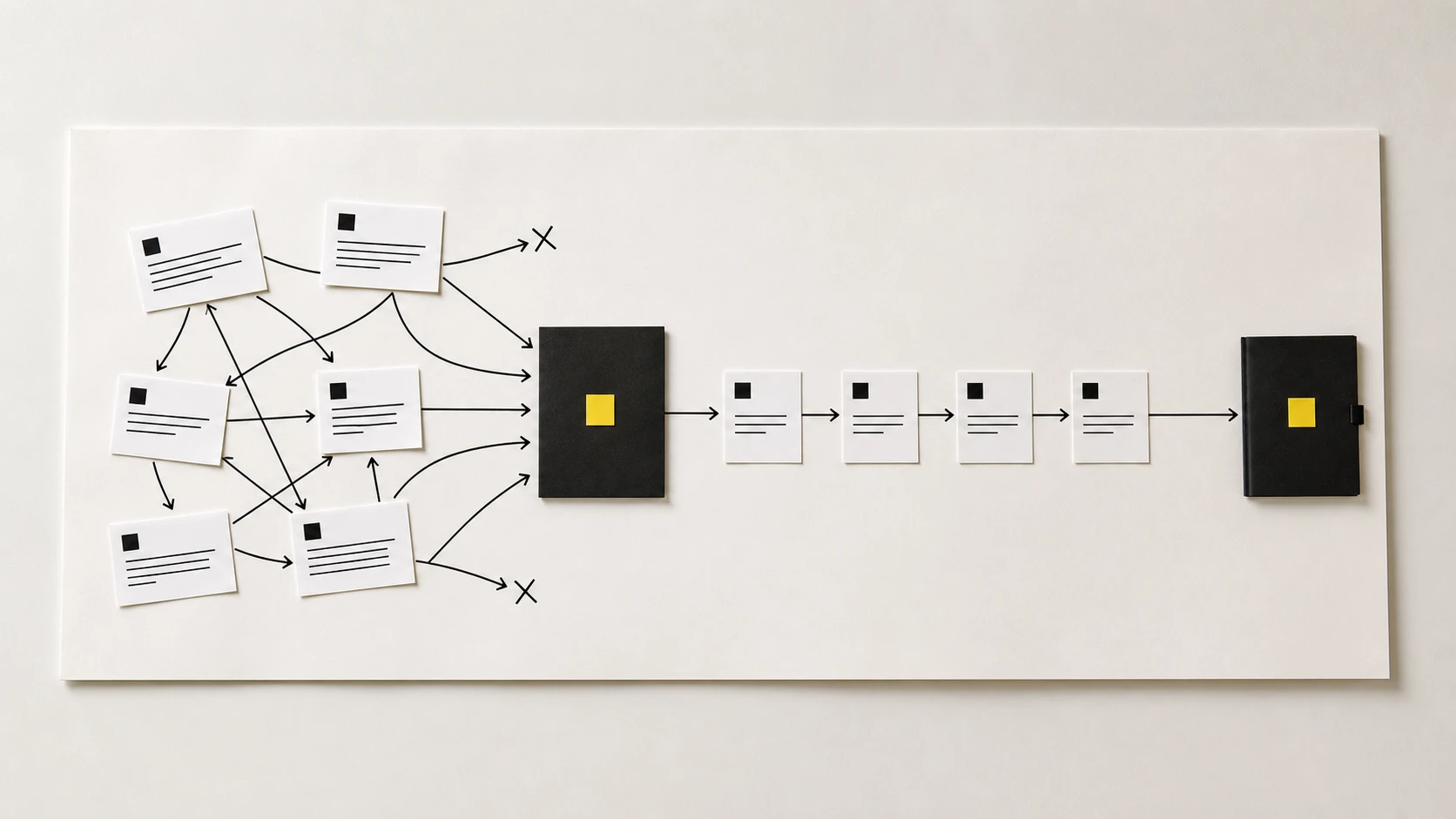 Physical workflow audit board showing conflicting task paths passing through a review gate and becoming a four-step action path