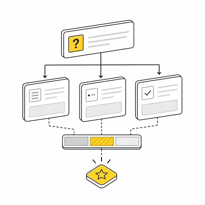 Buyer questions branching into answer options and a measured recommendation gap
