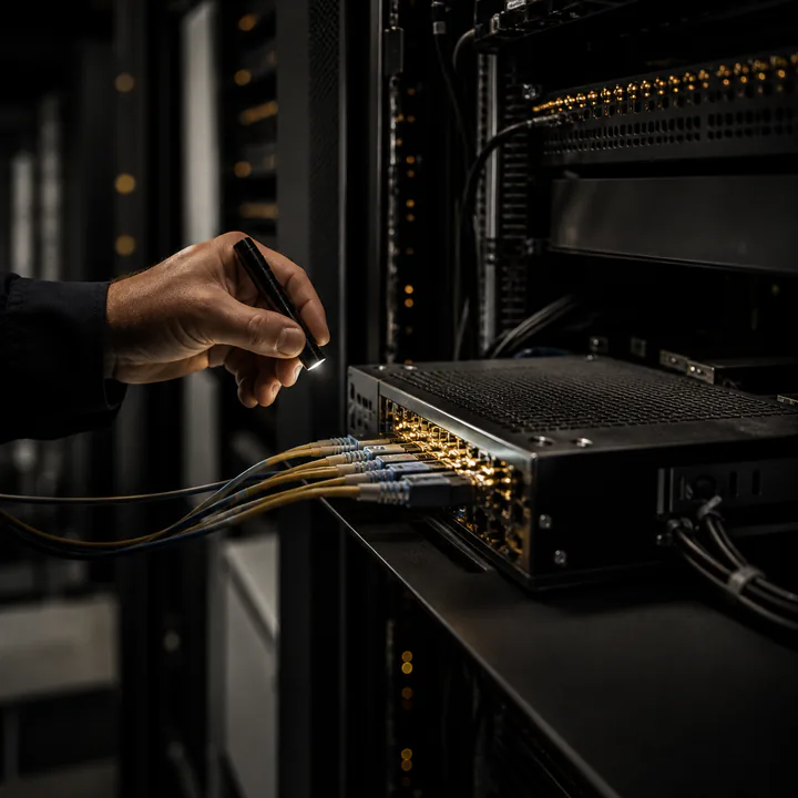 Engineer inspecting data-center network connections for a cloud platform