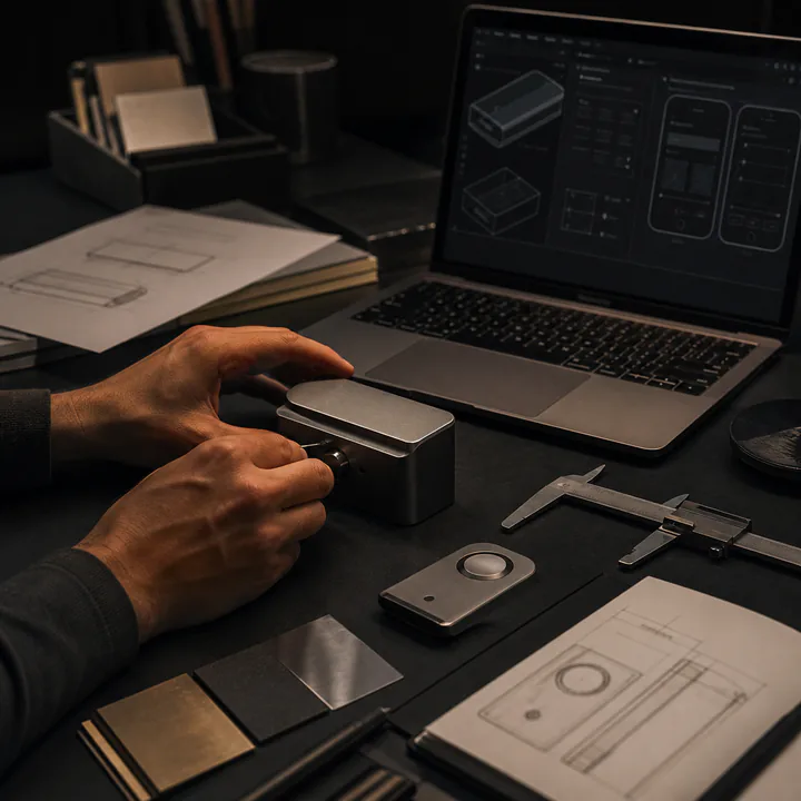 Product engineer testing a physical prototype beside interface designs
